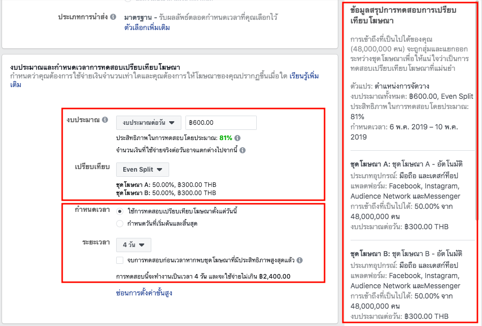 A/B test Facebook การทดสอบโฆษณา การกำหนดงบประมาณ การกำหนดเวลา